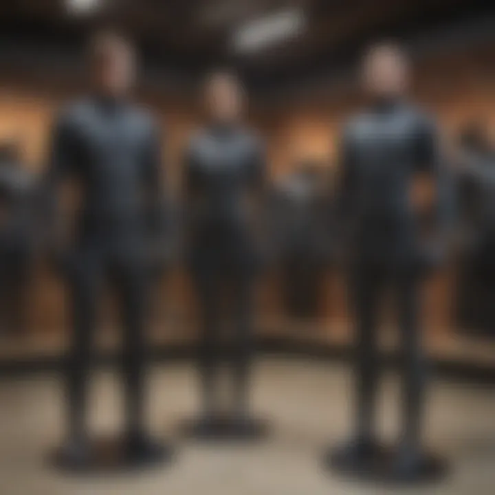 Diverse range of small wetsuits displayed in a retail setting