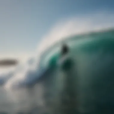 Close-up shot of soft top shortboard in action on waves