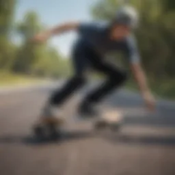 A skateboarder executing a smooth free riding maneuver on a winding road.