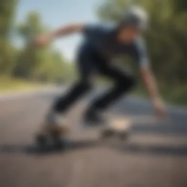 A skateboarder executing a smooth free riding maneuver on a winding road.