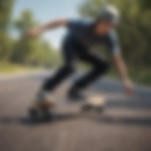 A skateboarder executing a smooth free riding maneuver on a winding road.