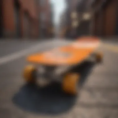 Skateboard Deck in Urban Setting A skateboard deck featuring orange grip tape against an urban backdrop