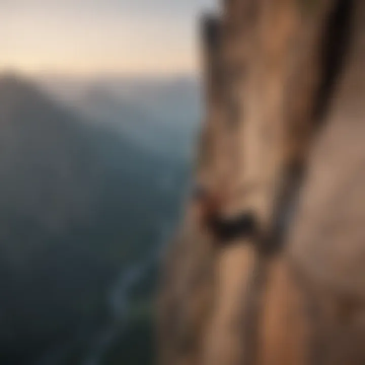 A daring rock climber conquering a steep cliff against a breathtaking mountain backdrop