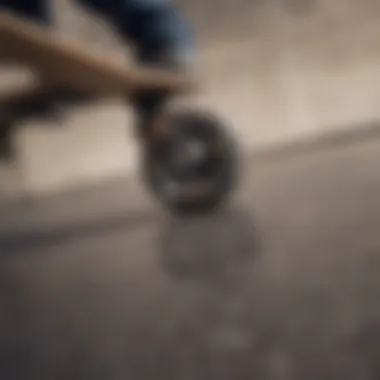 A close-up shot of skateboard wheels in motion on a concrete ramp