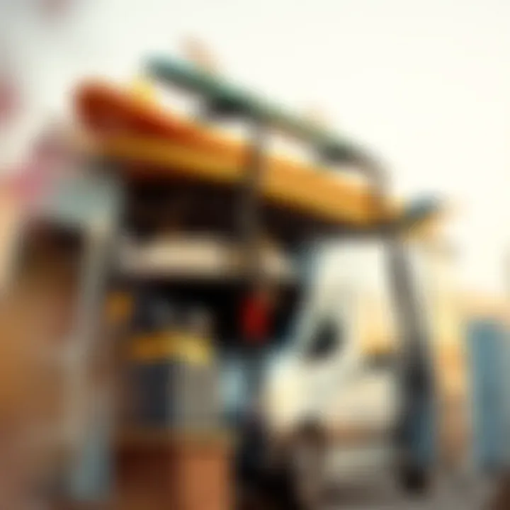 Surfboard rack mounted on a sprinter van showcasing surfboards