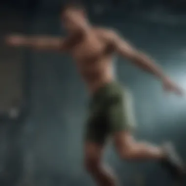 A Leap of Strength Athlete performing a high jump wearing army green sweat shorts
