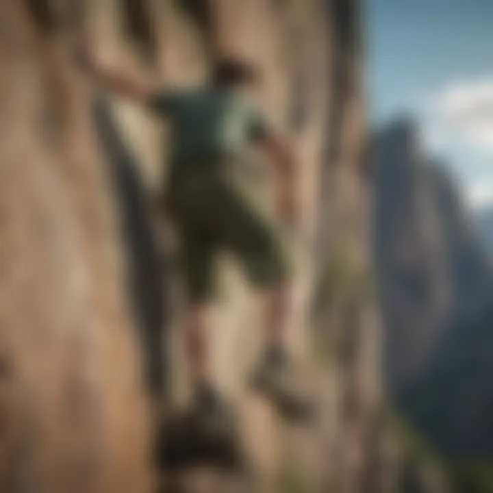 Rock climber scaling a steep cliff in army green sweat shorts