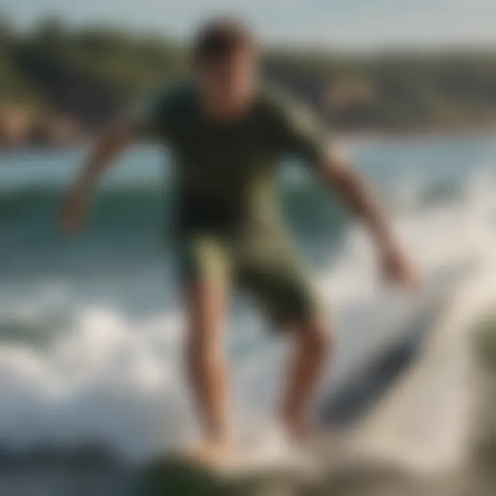 Surfer catching a wave while sporting army green sweat shorts