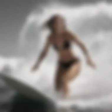 A black and white bikini top in action on a surfer riding a giant wave