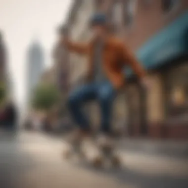 Corduroy-clad skateboarder performing a trick in an urban setting