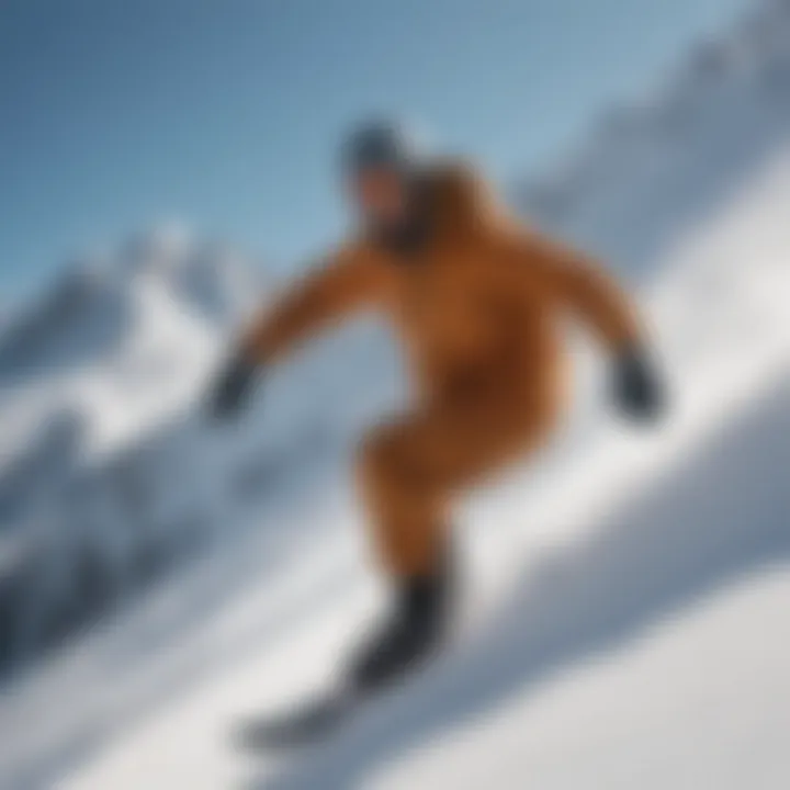 Athlete in corduroy outfit snowboarding down a steep slope