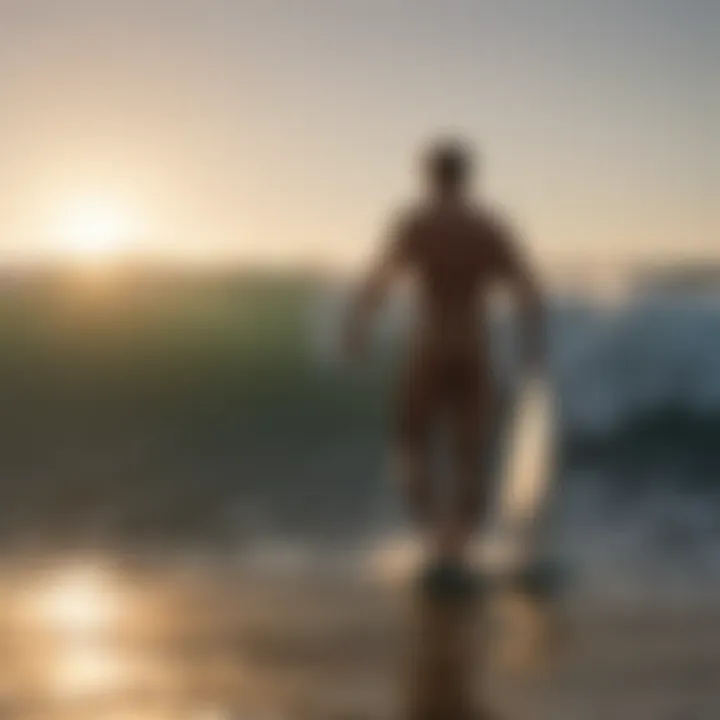 Corduroy-wearing surfer catching a wave at sunrise