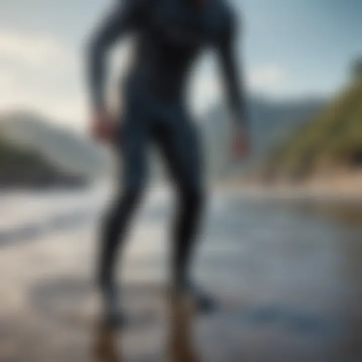 An athlete preparing to enter the water, focusing on their wetsuit footwear