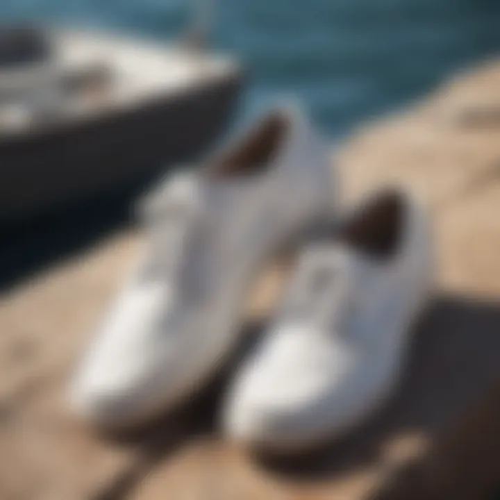 Pair of white canvas boat shoes in coastal setting