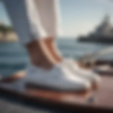 Fashionable outfit featuring white canvas boat shoes