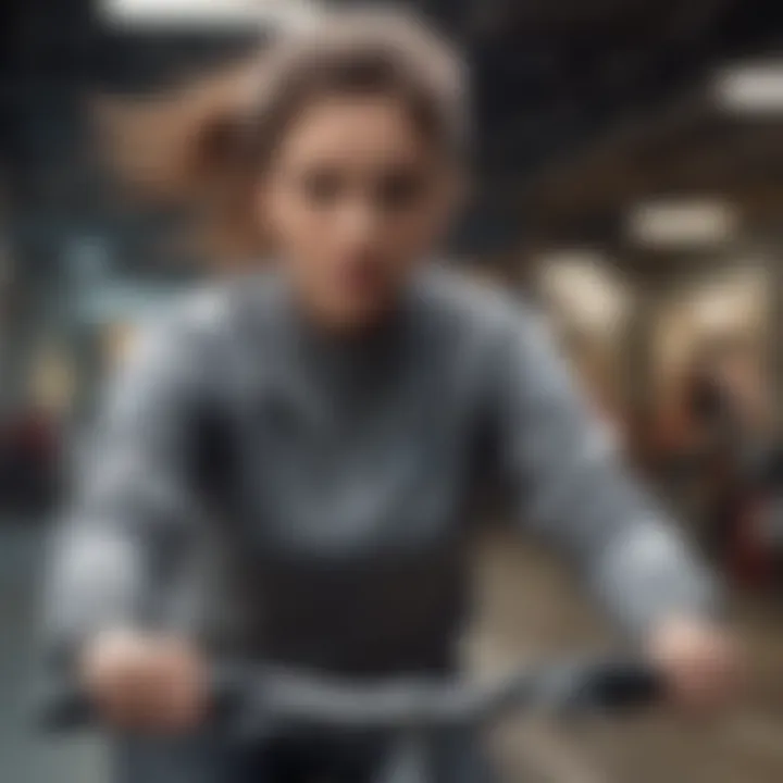 A female athlete in a stylish sweatshirt during a high-speed biking session