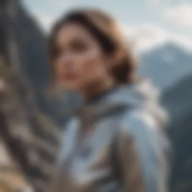 A woman wearing a futuristic sweatshirt on a mountain peak