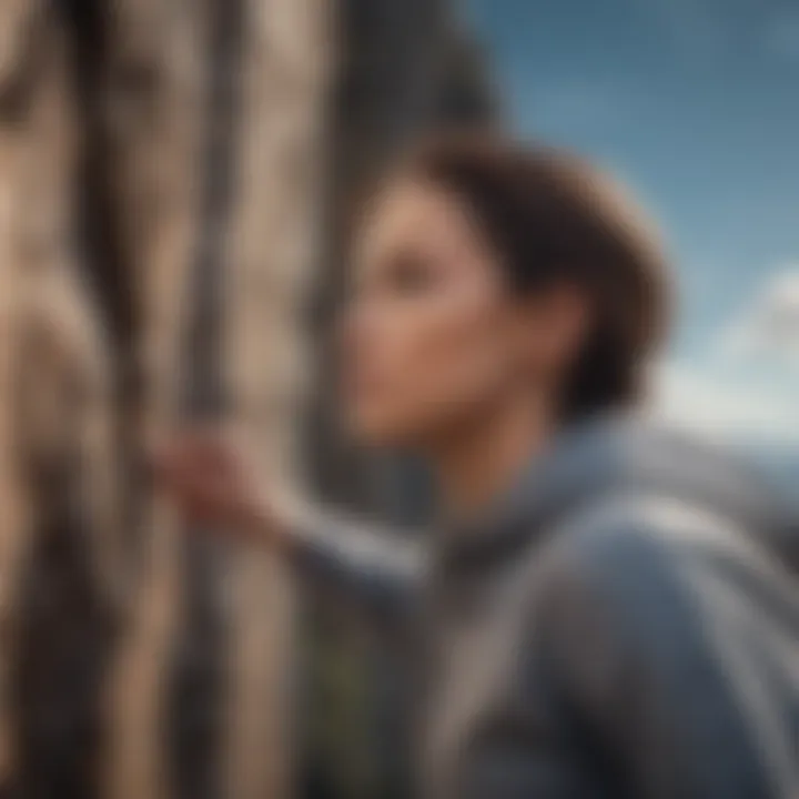 A woman rock climbing in a chic and functional sweatshirt