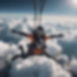 Aerial view of a brave adventurer skydiving through the clouds