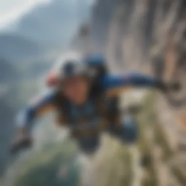 Adrenaline-Fueled Base Jumping Excursion A base jumper soaring through the sky with a parachute