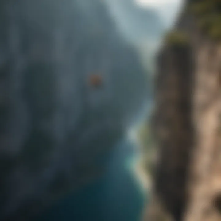 Base jumper leaping off a cliff with a parachute