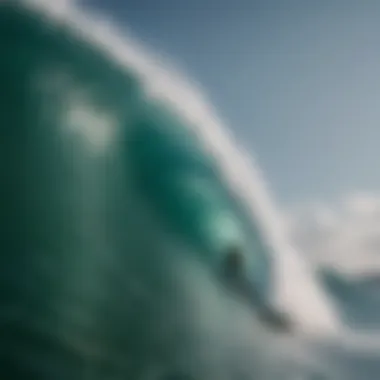 Surfer riding a massive wave on the dark green slide