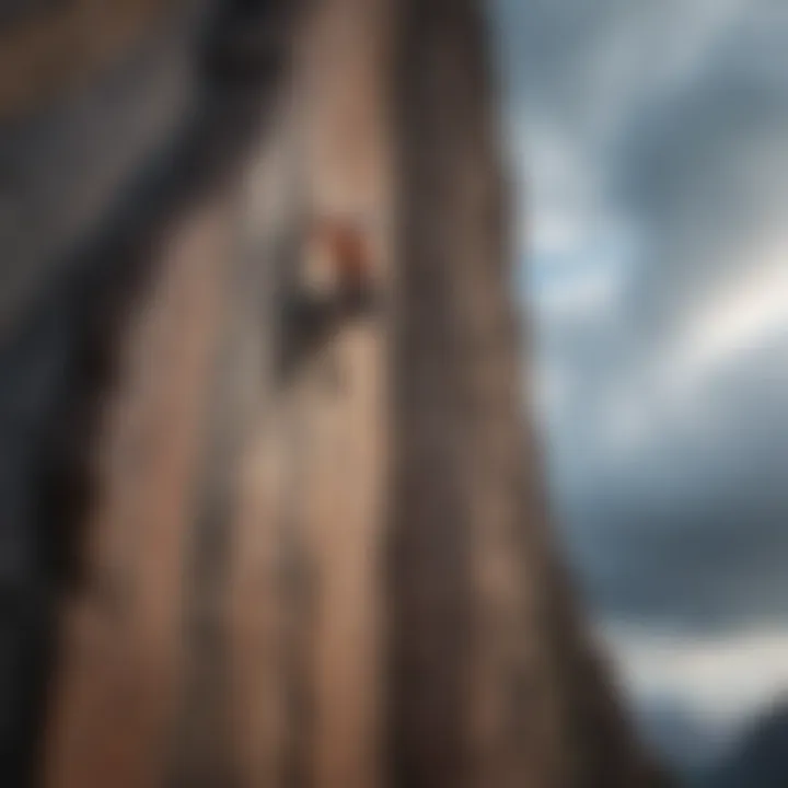 Rock Climber Scaling Vertical Cliff Against Dramatic Sky