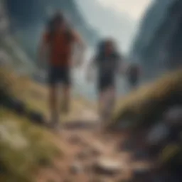 A group of trail runners navigating through a rugged mountain terrain