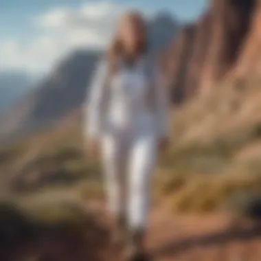 Extreme sports enthusiast in white denim overalls on a mountain trail