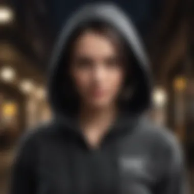 Fashionable woman wearing a black cropped zip-up hoodie with a chic minimalist design