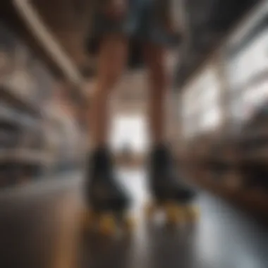 An enthusiast trying on custom roller skates for the perfect fit at a skate shop.