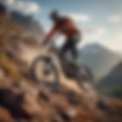 A breathtaking view of a mountain biker performing a daring stunt over a rocky terrain.