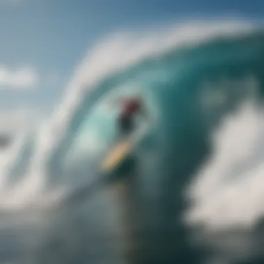 A surfboarder riding a colossal wave, embodying the spirit of adventure and skill.