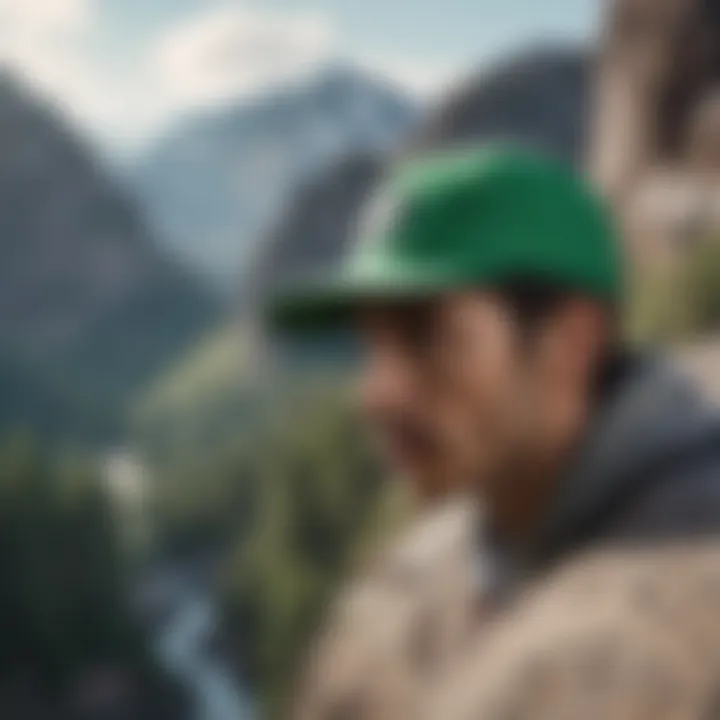 Green vans hat perched on a rock climber's head