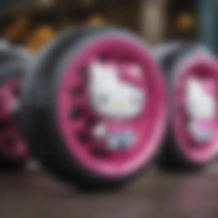 Close-up of Hello Kitty roller blades wheels with sparkly glitter design