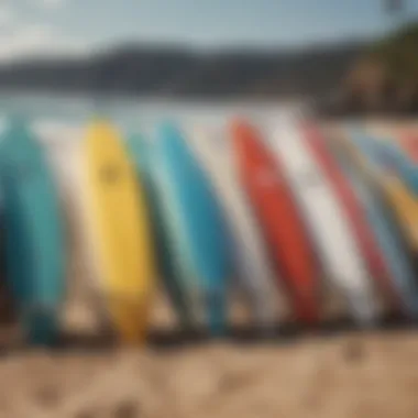 An array of high-quality surfboards lined up on a sandy beach