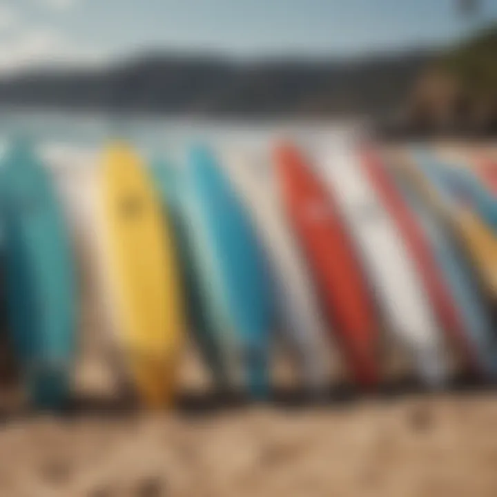 An array of high-quality surfboards lined up on a sandy beach