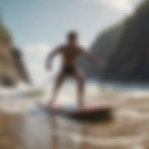 A person balancing on a surfboard on land while practicing their stance.