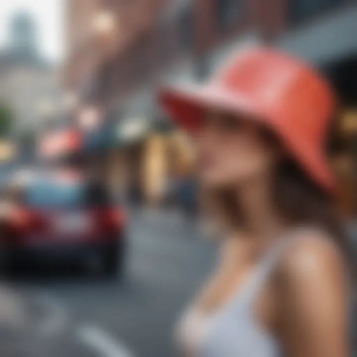 Fashionable 'i heart hot moms bucket hat' on city streets