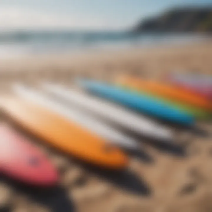 A diverse selection of beginner surfboards lined up on the beach
