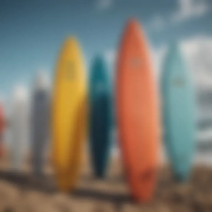 An illustration showing different surfboard shapes and sizes