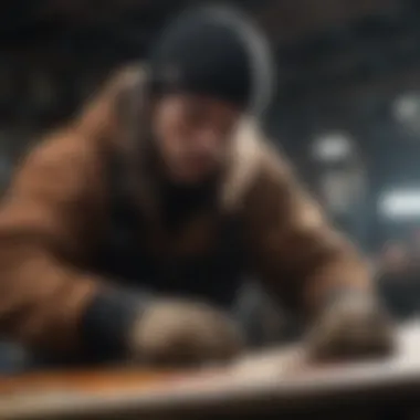 Dedication to Craftsmanship in Snowboard Making Artisan working on a snowboard, illustrating the dedication to craftsmanship.