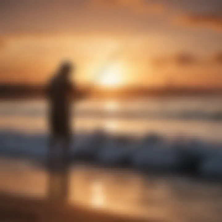 Silhouette of angler casting with KastKing surf rod at sunset