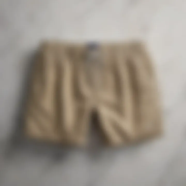 Elegant khaki swim shorts on marble background