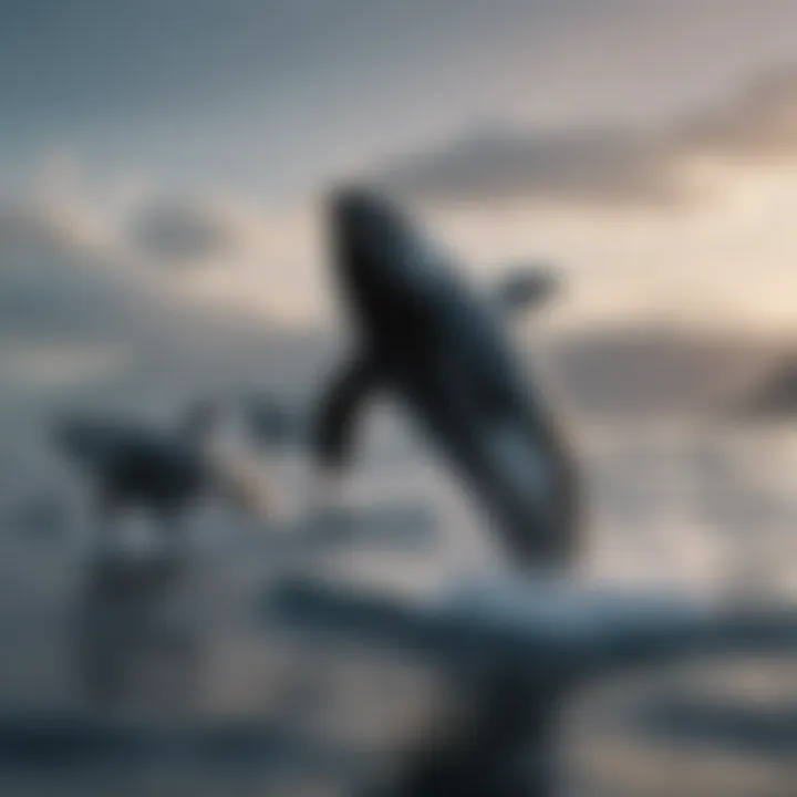 Group of killer whales elegantly gliding through the ocean