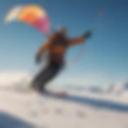 A breathtaking view of a kite skier gliding over snowy terrain