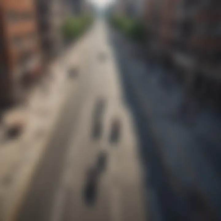 Aerial view of motorcyclists safely lane splitting on a city street