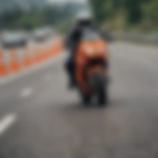 Motorcyclist performing lane splitting on a busy highway