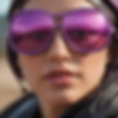 Sleek light purple sunglasses resting on top of high-performance sports gear in extreme sports environment
