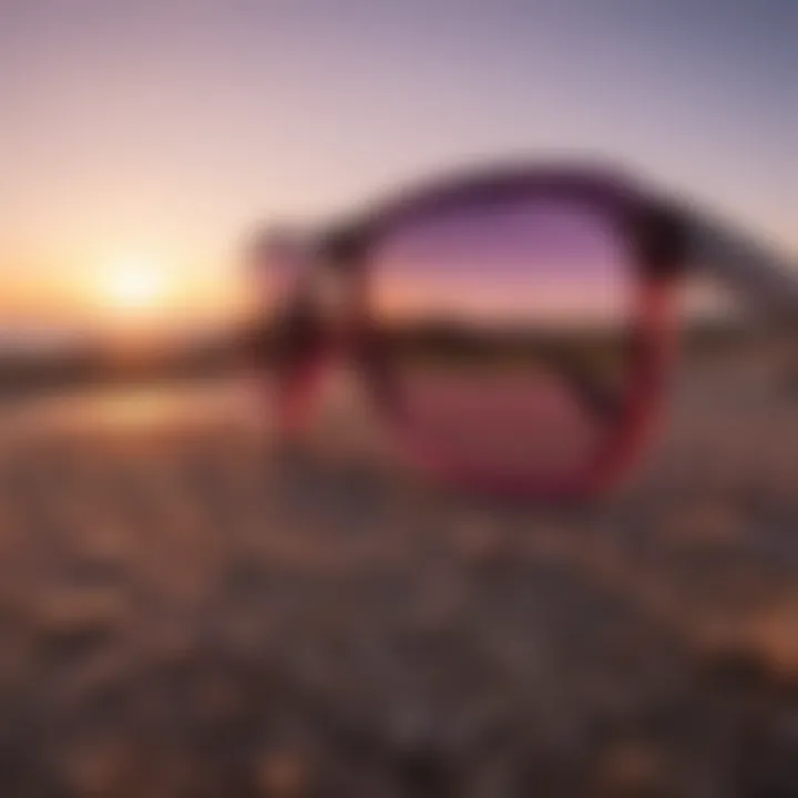 Close-up of light purple sunglasses against vibrant sunset backdrop in extreme sports setting